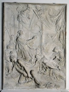 lavt relief af pesten i Milano - Saint Charles Borromee (San Carlo Borromeo) (1538-1584, kardinal og ærkebiskop af Milano) beder (marmor) af Pierre Puget