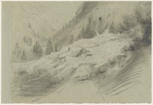 Lavine i et alpelandskab, ca. 1870 (Sort og hvid kridt)