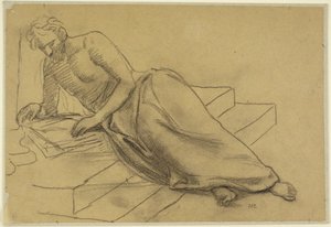 Mand henslængt på trapper, læsende, studie til En filosof, til Boston Library af Pierre Puvis de Chavannes