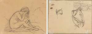 Studie af en kvindelig nøgen (muligvis for et urealiseret allegorisk maleri) (recto); Studier af draperi og undersøgelse af et landskab (verso) af Pierre Puvis de Chavannes