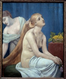 Kvinde har sit toilet eller toilet. En nøgen kvinde med langt, blondt hår bliver stylet af en stuepige. Maleri af Pierre Puvis de Chavannes (1824-1898) 1883 søn. 0,75x0,63 m Paris, musee d
