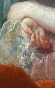 Hånd af en ung kvinde, der holder en blomstrende gren. Detalje af Portræt af Madame Poulhariex og hendes datter, omkring 1728 (olie på lærred) af Pierre Subleyras