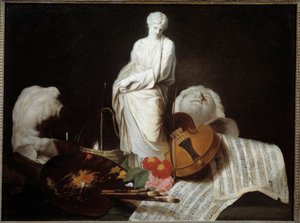 Attributter af kunstpaletten af maler, violin, partiturer, skulptur. Maleri af Pierre Subleyras af Pierre Subleyras