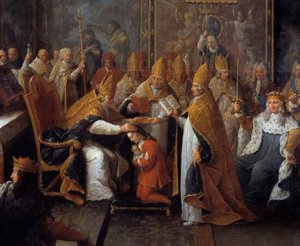 Kroningen af Ludvig XV Kong Ludvig XV (1710-1774) blev kronet og hellig den 25/10/1722 i katedralen i Reims af arkeveken i Reims i nærværelse af regenten, hertugen af Orleans (1674-1723) og en stor skare. Detalje af maleri af Pierre Sub