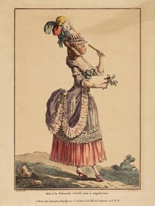 En polonaise kjole med draperet overskørt. Fra Gallerie des Modes et Costumes Francais, 1778