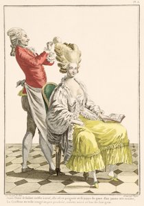 En ung kvinde i en peignoir med sin frisør, plade 31 fra 