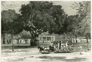 Sporvogn, skydning af heste, i havnen i Para (Brasilien), på largo i Nazareth. Gravering af Vignal, for at illustrere historien "Amazon og Cordilleres""