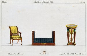Flangelænestol, loveseat og stativbord, tallerken 211, illustration fra Collection de meubles et objects de gout (Samling af møbler og smagsgenstande) af Pierre de La Mesangere