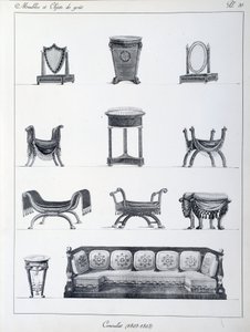 Møbler af periodens konsulat (1802-1803). Tallerken taget fra samlingen "" Collection de mobilier et objets de taste"" af Pierre de la Mesangere (1761-1831). Paris. Dekorativ kunst
