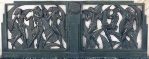 En frise, der forestiller tre klassiske dansende piger og tre musikere, ca. 1910-1935 (patineret bronze, stribet hvid marmor, grøn marmorsokkel) af Pierre le Faguays