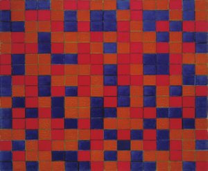 Komposition med gitter 8: Skaktern komposition med mørke farver af Piet Mondrian
