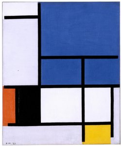Sammensætning med stort blåt plan, rød, sort, gul og grå af Piet Mondrian