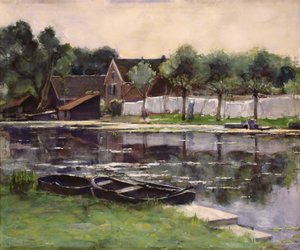 Bondekoner med vasketøj på grænsen til en flod af Piet Mondrian