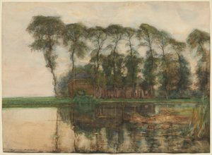 Gård ved vandet skjult af ni høje træer af Piet Mondrian