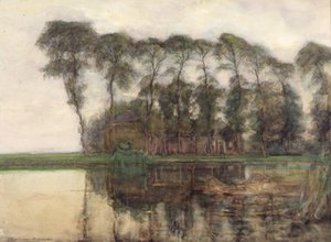 Bondegård langs vandet afskærmet af ni høje træer af Piet Mondrian