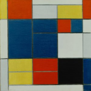 Sammensætning C; Sammensætning med gul, rød, blå-grå, blå mm. af Piet Mondrian