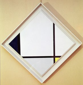 Tableau nr. I: Pastill med tre linjer og blå, grå og gul af Piet Mondrian