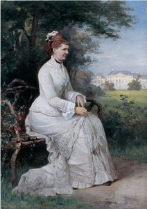 Portræt af prinsesse Emma von Waldeck-Pyrmont siddende på en bænk i parken ved Palace Het Loo (olie om bord) af Piet Schipperus