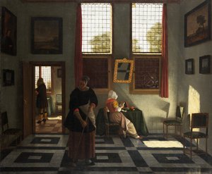 Interiør med maler, læsende kvinde og fejende tjenestepige, ca. 1665-70 (olie på lærred) af Pieter (1623 82) Janssens