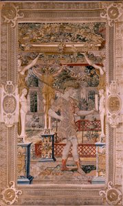 flamsk gobelin. Serier Vertumnus og Pomona.Vertumnus forvandlet til en bonde. Andet gobelin i serien. Venstre del forvandlingen af Daphne. Model Circle af Pieter Coecke van Aelst. Fremstilling Wilhelm Pannemaker, Bruxelles. Ca 1545-1550. Fabri