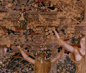 flamsk gobelin. Serier Vertumnus og Pomona.Vertumnus forvandlet til en bonde. Andet gobelin i serien. Højre del transformationen af nymfen Myrrha. Model Circle af Pieter Coecke van Aelst. Fremstilling Wilhelm Pannemaker, Bruxelles. Ca 1545- af Pieter (circle of) Coecke van Aelst