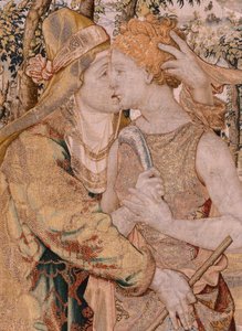 flamsk gobelin. Serien Vertumnus og Pomona. Vertumnus kysser Pomona. Syvende gobelin i serien. Model Circle af Pieter Coecke van Aelst. Fremstilling Wilhelm Pannemaker, Bruxelles. Ca 1545-1550. Stof Guld, sølv, silke og uld. Størrelse 430 x 365 cm.