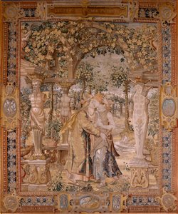 flamsk gobelin. Serien Vertumnus og Pomona. Vertumnus kysser Pomona. Syvende gobelin i serien. Model Circle af Pieter Coecke van Aelst. Fremstilling Wilhelm Pannemaker, Bruxelles. Ca 1545-1550. Stof Guld, sølv, silke og uld. Størrelse 430 x 365 cm.