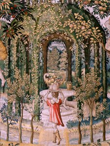 flamsk gobelin. Serier Vertumnus og Pomona; Vertumnus forvandlet til en gartner (Vertumno transformado en jardinero). Femte gobelin i serien. Modelkreds af Pieter Coecke Van Aelst og Léonard Thiry. Fremstilling Ukendt værksted, Bruxelles, før