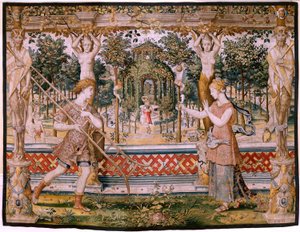 flamsk gobelin. Serier Vertumnus og Pomona; Vertumnus forvandlet til en gartner (Vertumno transformado en jardinero). Femte gobelin i serien. Model Circle af Pieter Coecke Van Aelst og Léonard Thiry. Fremstilling Ukendt værksted, Bruxelles, før