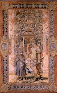 flamsk gobelin. Serien Vertumnus og Pomona. Vertumnus forvandlet til en kriger. Fjerde gobelin i serien. Model Circle af Pieter Coecke van Aelst. Fremstilling Wilhelm Pannemaker, Bruxelles. Ca1545-1550. Stof Guld, sølv, silke og uld. Størrelse 425