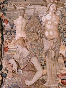 flamsk gobelin. Serien Vertumnus og Pomona. Vertumnus forvandlet til en gammel kvinde. Vertumnus forvandlet til en gammel kvinde. Sjette gobelin i serien. Model Circle af Pieter Coecke van Aelst. Fremstilling Wilhelm Pannemaker, Bruxelles. Ca 1545-1550.
