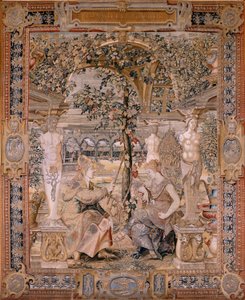 flamsk gobelin. Serien Vertumnus og Pomona. Vertumnus forvandlet til en gammel kvinde. Vertumnus forvandlet til en gammel kvinde. Sjette gobelin i serien. Model Circle af Pieter Coecke van Aelst. Fremstilling Wilhelm Pannemaker, Bruxelles. Ca1545-1550. F