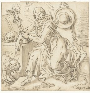 Sankt Hieronymus sidder ved et krucifiks, bog og kranie af Pieter Aertsen (workshop of)