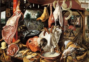 Slagterens stald med flugten til Egypten af Pieter Aertsen