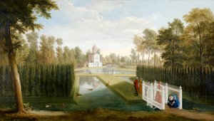 En udsigt over Chiswick Gardens mod bagsiden af Bagnio (Cascina) Chiswick House (olie på lærred)