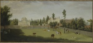 Udsigt over den nye villa, det gamle hus og staldene fra den anden side af Burlington Lane, Chiswick Villa (olie på lærred)