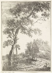 Landskab med træ, bro og hus