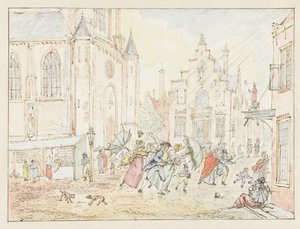 Firkantet med mennesker i regnen af Pieter Bartholomeusz. Barbiers