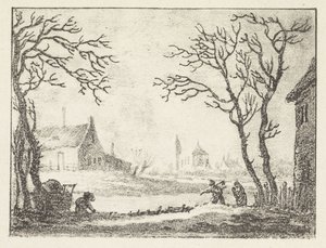 Vinterlandskab med huse og figurer af Pieter Bartholomeusz. Barbiers