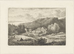 Bakket landskab med kirke og huse Vandlandskaber (serietitel)