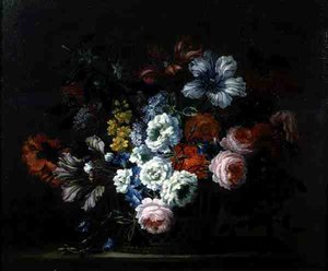 Stilleben med roser, pæoner, tulipaner og Morning Glory i en kurv (olie på lærred) af Pieter Casteels