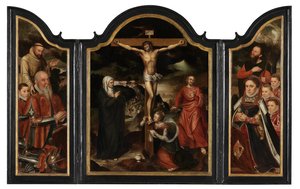Kristus på korset med Jomfruen, Sankt Johannes og Maria Magdalena (olie på panel) af Pieter Claeissens