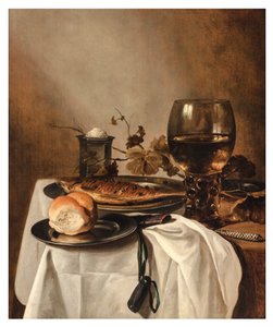 En rulle, sild, sølvsaltkar, stor rogn og kniv på et draperet bord, ca. 1644 (olie på panel) af Pieter Claesz