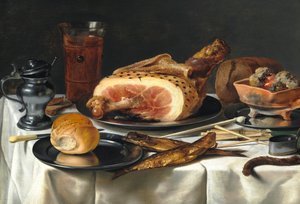 Stilleben med skinke, 1625. af Pieter Claesz