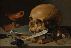 Stilleben med en kranie og en skrivepind, 1628.
