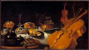 Stilleben med musikinstrumenter En skildpadde, en tærte, et glas vin, brød. Maleri af Pieter Claesz (1597-1661) (ec.holl.) 1623 søn. 0,69x1,22 m