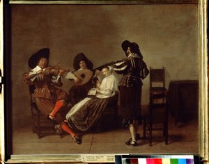 ""Soiree musicale"" (musikalsk aften) Tre musikere og en ung kvinde (vokal). Maleri af Pieter Codde (1599-1678) Pushkin Museum fra det 17. århundrede, Moskva af Pieter Codde