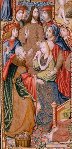 flamsk gobelin. Serie episoder fra The Life of the Virgin. Profetierne bliver opfyldt ved Kristi fødsel (Opfyldelse af profetierne ved Guds Søns fødsel). Første gobelin i serien. Modeller tilskrevet Jan von Roome (eller van B af Pieter Coecke van Aelst