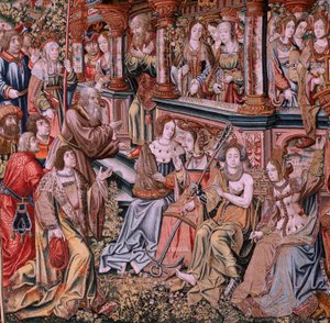 flamsk gobelin. Serien The Honours. Dyd (La Virtu, El Vicio). Ottende gobelin i serien. Modeltegnere fra Bernard van Orleys og Jan Gossaerts kreds (Mabuse). Fremstilling Pieter van Aelst, Bruxelles. Ca 1550. Stof Guld, sølv, silke a af Pieter Coecke van Aelst