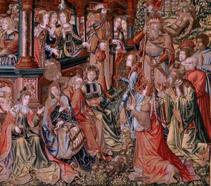 flamsk gobelin. Serien The Honours. Dyd (La Virtu, El Vicio). Ottende gobelin i serien. Modeltegnere fra Bernard van Orleys og Jan Gossaerts kreds (Mabuse). Fremstilling Pieter van Aelst, Bruxelles. Ca 1550. Stof Guld, sølv, silke a af Pieter Coecke van Aelst